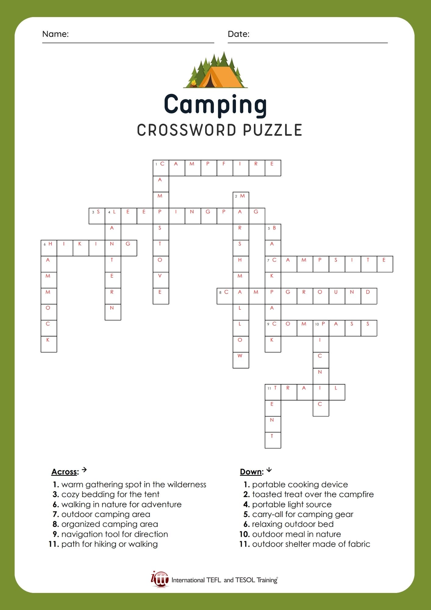 EFL Camping Vocabulary Crossword Puzzle ️ ️ ️ ITTT